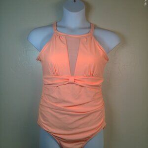 Peach Pink One Piece Swimsuit XL Mesh Detail